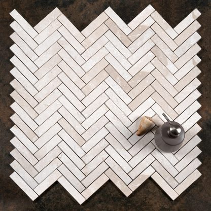 White Emperador Honed Marble Large Herringbone Mosaic Tiles